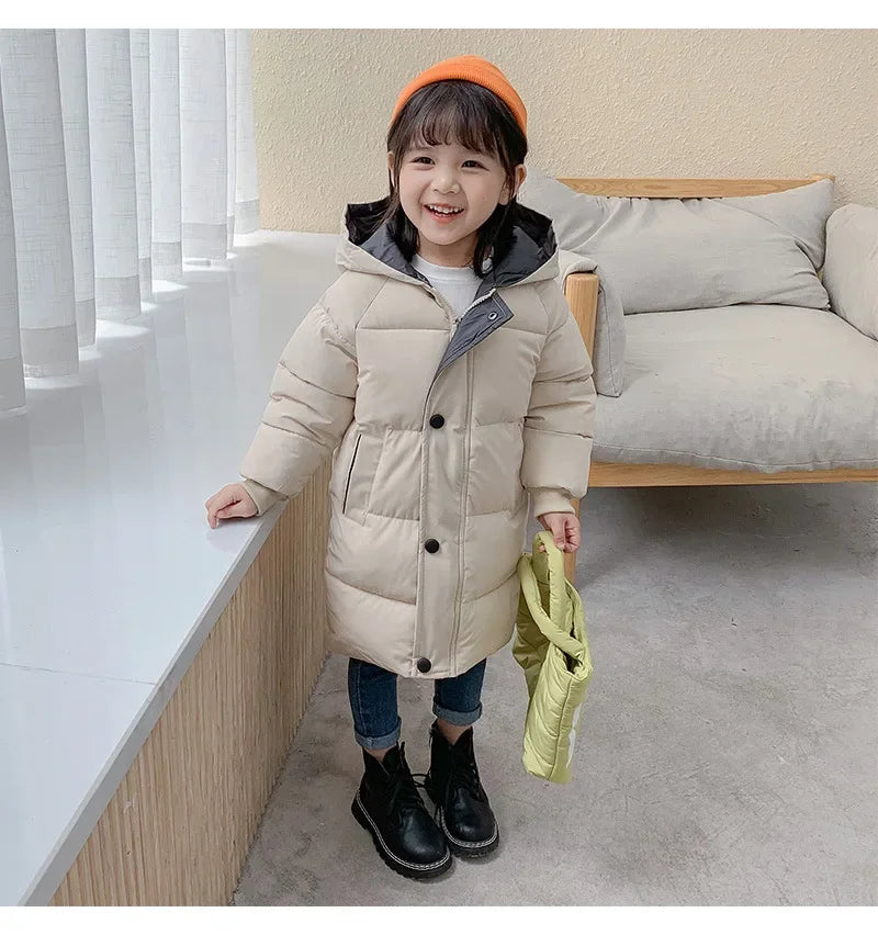Korean Kids' Parka Coat - Medium-Length Thick Winter Jacket with Down Cotton Fill for Babies Toddlers Boys & Girls